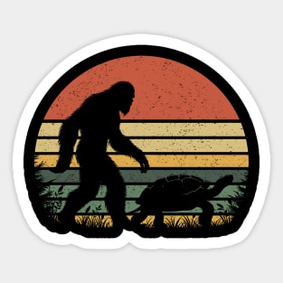 Bigfoot Walking With a Turtle Vintage Distressed Sunset Hiking Sticker